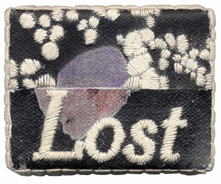  Lost','Mixed media: photo transfer, paint, colored pencil and embroidery on canvas mounted on wood, 2 �"x 2" 