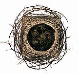 Nest II','Mixed media: distressed twine, wire mesh, twigs and feathers, 17" x 16" x 7�" 