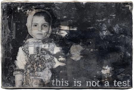  This is Not a Test (Self Portrait)','Mixed media: tissue paper and photo transfer on wood, 6" x 4" 