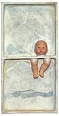  Birth II','Mixed media : found paper and doll parts on wood, 6�" x 13" x 3�" 