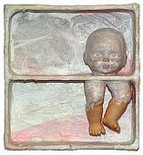  Birth III','Mixed media: found paper and doll parts on wood, 9" x 8�" x 3� 